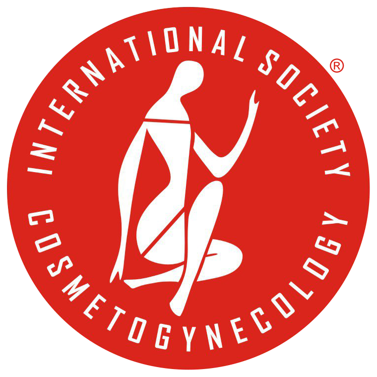 A red circle with the words international society cosmetogynecology in white.